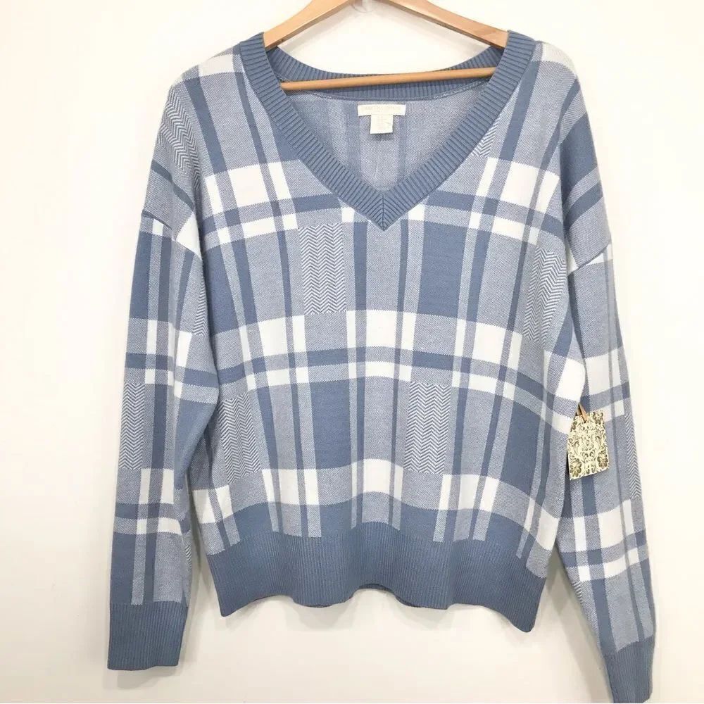 Christian Siriano New York Light Blue White Plaid V Neck Pullover Sweater NEW